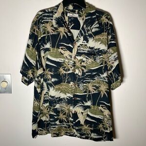 Tommy Bahama 100% Silk Button Hawaiian Shirt Black Tan Men’s M